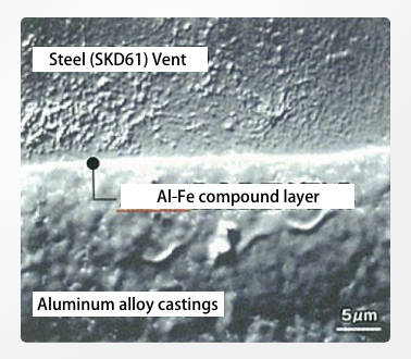 Cross-section of SKD61 chill vents with seizure